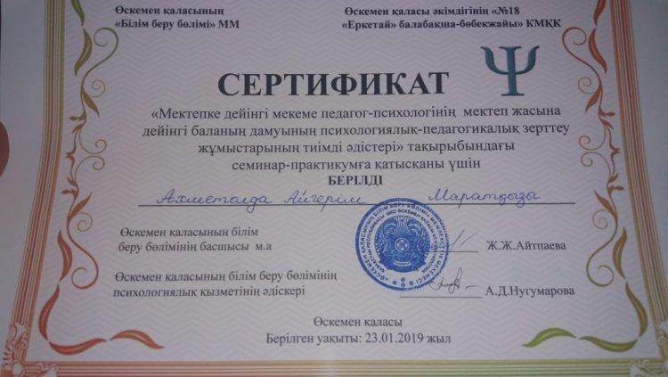 Сертификат за участие в семинаре-практикуме психолога