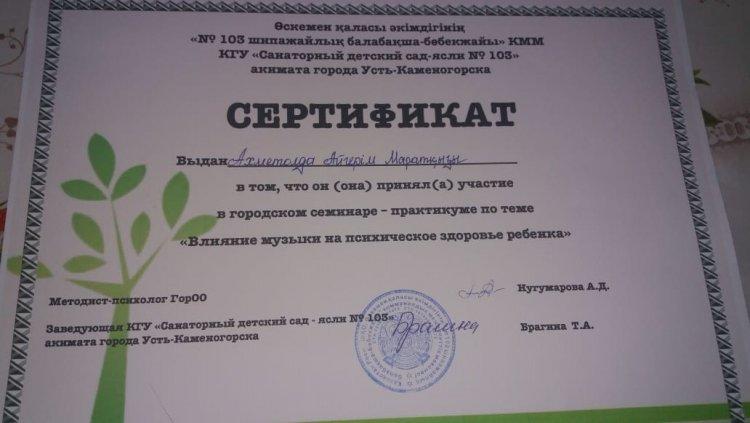 Сертификат за участие в городском семинаре-практикуме