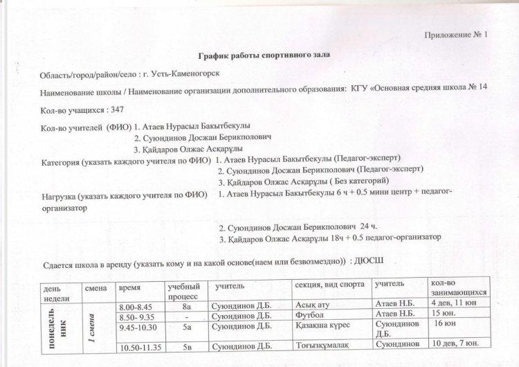 Спорт залының жұмыс кестесі - График работы спортивного зала