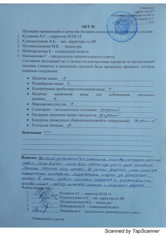 Бақылау жөніндегі комиссияның тамақтану сапасын тексеру және ұйымдастыру актісі 15.12.2022