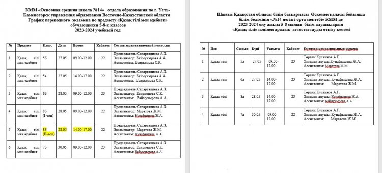 5-8 сынып оқушыларына арналған ауысу емтихандарының кестесі