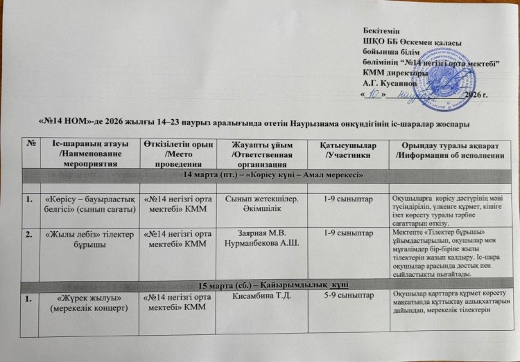"№14 НОМ"-де 2026 жылғы 14-23 наурыз аралығында өтетін Наурызнама онкүндігінің  іс-шаралар жоспары